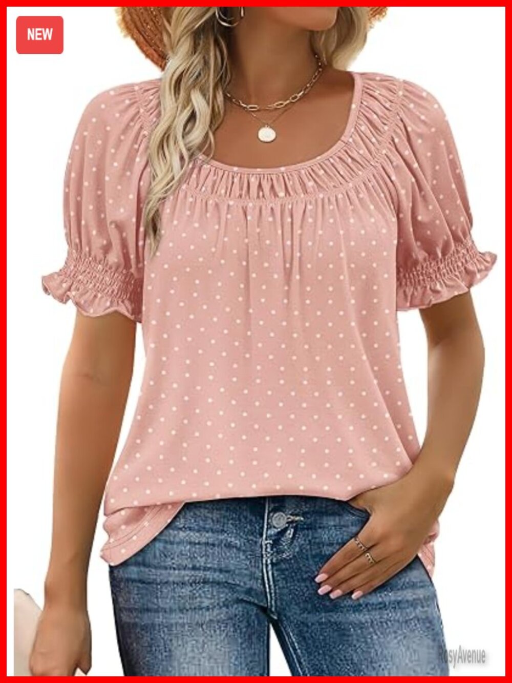 Polka Dot Square Neck Short Sleeve Blouse - Women's Dressy Casual Top